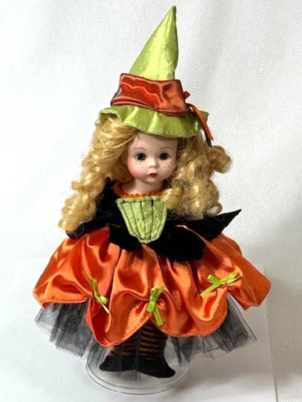 Madame Alexander restrung 8" Witchy Wendy doll and black cat with stand.